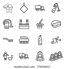 Thin line icon set : factory filter, rag, sweeper, vacuum cleaner, skysrcapers cleaning, sponge with foam, brush, toilet cleanser, home call, outsource