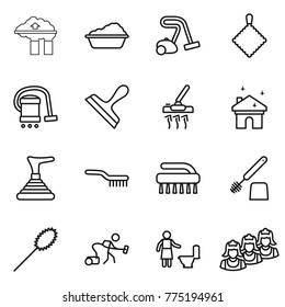 Thin line icon set : factory filter, washing, vacuum cleaner, rag, scraper, house cleaning, plunger, brush, toilet, duster, outsource
