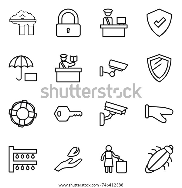 thin
line icon set : factory filter, lock, customs control, protected,
insurance, inspector, surveillance, shield, lifebuoy, key, camera,
cook glove, watering, hand leaf, garbage bin,
bug