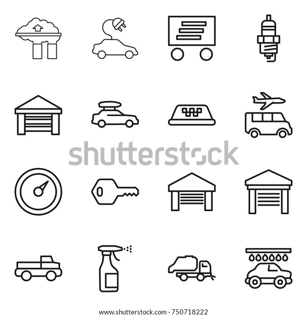thin line icon set : factory filter,\
electric car, delivery, spark plug, garage, baggage, taxi,\
transfer, barometer, key, pickup, sprayer, trash truck,\
wash