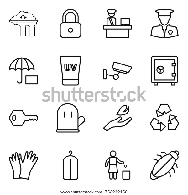 Thin
line icon set : factory filter, lock, customs control, security
man, insurance, uv cream, surveillance, safe, key, cook glove, hand
leaf, recycling, gloves, dry wash, garbage bin,
bug