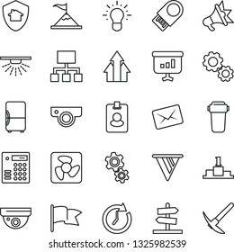 Thin Line Icon Set - fan vector, web camera, gear, water filter, home protect, fridge, combination lock, usb flash, pass card, surveillance, sprinkler, arrow up graph, motivation, clock, pennon