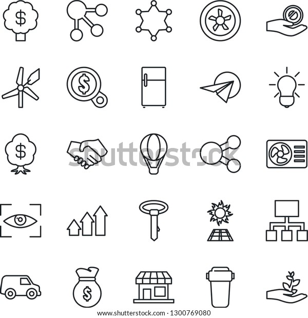 Thin Line Icon Set - fan vector, air conditioner,
water filter, bulb, eye scan, police, fridge, sun panel, windmill,
arrow up graph, handshake, money bag, search, investment, car,
paper plane, tie
