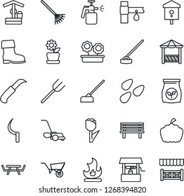 Thin Line Icon Set - farm fork vector, rake, wheelbarrow, boot, lawn mower, fire, well, hoe, sickle, garden knife, bench, pumpkin, seeds, picnic table, bird house, sprayer, fertilizer, tulip, alcove
