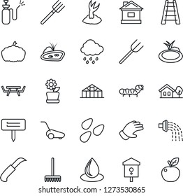 Thin Line Icon Set - farm fork vector, rake, ladder, watering, sproute, glove, lawn mower, house, water drop, rain, garden knife, plant label, pumpkin, greenhouse, seeds, caterpillar, pond, bird