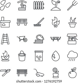 Thin Line Icon Set - farm fork vector, fence, rake, ladder, seedling, wheelbarrow, bucket, sproute, pruner, lawn mower, fire, water drop, rain, well, hose, bench, fireplace, seeds, picnic table