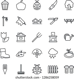 Thin Line Icon Set - farm fork vector, ripper, fence, rake, tree, watering can, pruner, boot, lady bug, house, rain, garden knife, plant label, pumpkin, light, fireplace, pond, picnic table, tulip