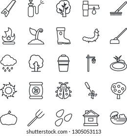 Thin Line Icon Set - farm fork vector, rake, tree, bucket, sproute, boot, saw, lady bug, fire, house, sun, rain, hoe, pumpkin, garden light, seeds, caterpillar, pond, sprayer, fertilizer, ripper