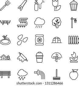 Thin Line Icon Set - farm fork vector, ripper, fence, rake, tree, bucket, watering, saw, fire, rain, bench, garden light, greenhouse, seeds, pond, picnic table, sprayer, fertilizer, drip irrigation