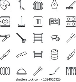 Thin Line Icon Set - farm fork vector, rake, wheelbarrow, pruner, garden knife, scalpel, container, oil barrel, rack, pause button, application, ink pen, heater, dish, ladle, radiator