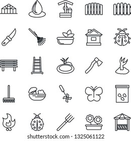Thin Line Icon Set - farm fork vector, fence, rake, ladder, sproute, butterfly, lady bug, fire, house, water drop, well, garden knife, axe, bench, greenhouse, seeds, pond, ripper, flower in pot