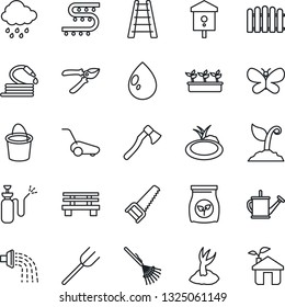 Thin Line Icon Set - farm fork vector, fence, rake, ladder, watering can, bucket, sproute, pruner, saw, lawn mower, butterfly, seedling, water drop, rain, hose, axe, bench, pond, bird house, eco