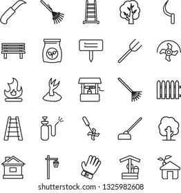 Thin Line Icon Set - farm fork vector, ripper, fence, rake, ladder, tree, sproute, glove, fire, house, well, hoe, sickle, garden knife, plant label, bench, light, sprayer, fertilizer, eco