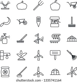Thin Line Icon Set - farm fork vector, rake, wheelbarrow, well, hoe, sickle, plant label, pumpkin, greenhouse, garden sprayer, fertilizer, drip irrigation, windmill
