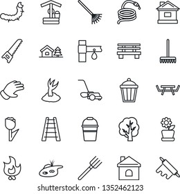 Thin Line Icon Set - farm fork vector, rake, ladder, tree, bucket, sproute, glove, saw, lawn mower, fire, house, well, hose, bench, garden light, caterpillar, picnic table, drip irrigation, tulip