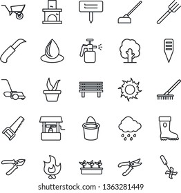 Thin Line Icon Set - farm fork vector, rake, seedling, tree, wheelbarrow, bucket, pruner, boot, saw, lawn mower, fire, water drop, sun, rain, well, hoe, garden knife, plant label, bench, fireplace