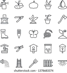 Thin Line Icon Set - farm fork vector, fence, ladder, seedling, watering, sproute, pruner, boot, butterfly, water drop, well, hose, axe, plant label, pumpkin, fireplace, seeds, pond, bird house