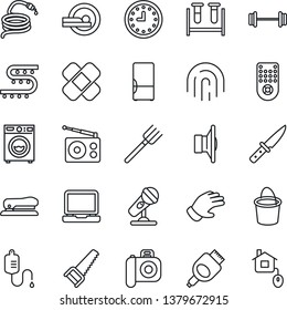 Thin Line Icon Set - farm fork vector, bucket, glove, saw, hose, drip irrigation, blood test vial, dropper, patch, tomography, barbell, clock, camera, microphone, radio, speaker, remote control
