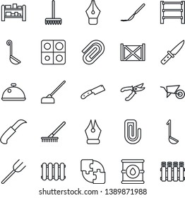 Thin Line Icon Set - farm fork vector, rake, wheelbarrow, pruner, hoe, garden knife, scalpel, container, oil barrel, rack, application, paper clip, ink pen, dish, ladle, radiator