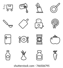 Thin Line Icon Set : Fast Deliver, Mixer, Stands For Knives, Pan, Ladle, Cutting Board, Toaster, Elecric Oven, Fridge, Fork Spoon Plate, Pasta, Tomato, Ketchup, Onion, Pills Bottle, Carrot