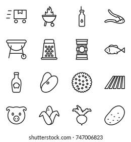 thin line icon set : fast deliver, bbq, vegetable oil, walnut crack, grater, pasta, fish, ketchup, beans, cookies, field, pig, corn, beet, potato