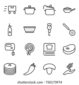thin line icon set : fast deliver, pan, steam, vegetable oil, colander, handle scales, skimmer, mixer, elecric oven, cooking book, steake, pancakes, hot pepper, mushroom, harvest