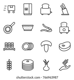 Thin line icon set : fast deliver, fridge, toaster, stands for knives, pan, colander, walnut crack, spices, plates, mushroom, steake, spikelets, pancakes, onion, harvest