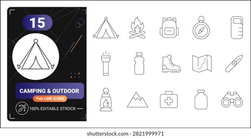 Thin line icon set featuring camping and outdoor essentials including tent, campfire, backpack, compass, flashlight, hiking boot, map, lantern, first aid kit, and binoculars.