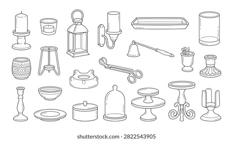 Thin line icon set featuring home decor accessories including lanterns, candle holders, serving trays, vases, bowls, cake stands, ashtray, and decorative display items.