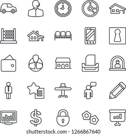 Thin Line Icon Set - female vector, waiting area, reception, lock, manager, mobile phone, speaking man, gear, dollar sign, pencil, circle chart, client, clock, favorites list, monitor statistics