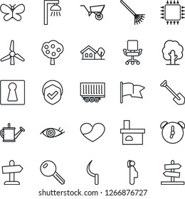 Thin Line Icon Set - female vector, job, rake, tree, watering can, wheelbarrow, butterfly, sickle, fireplace, eye, pregnancy, truck trailer, shield, heart, alarm, house with, windmill, fruit, key