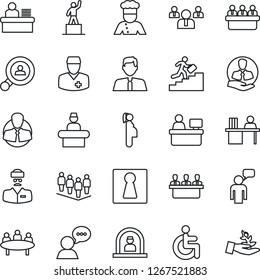 Thin Line Icon Set - female vector, reception, speaking man, pedestal, team, meeting, manager place, disabled, doctor, pregnancy, client, speaker, desk, career ladder, search, estate agent, cook