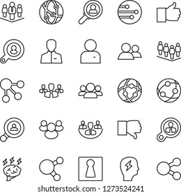 Thin Line Icon Set - female vector, team, brainstorm, network, share, group, finger up, down, user, company, client search, consumer, social media