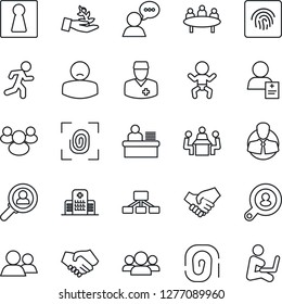 Thin Line Icon Set - female vector, baby, meeting, run, hospital, doctor, patient, client, speaker, group, fingerprint id, manager desk, search, consumer, palm sproute, handshake, hierarchy