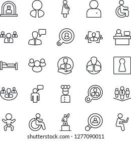 Thin Line Icon Set - female vector, baby, disabled, reception, bed, speaking man, pedestal, team, manager place, pregnancy, client, group, user, company, hr, search, estate agent, cook, consumer