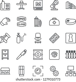 Thin Line Icon Set - female vector, office chair, glove, garden sprayer, doctor case, pills blister, oil barrel, microphone, radio phone, paper pin, fingerprint id, archive box, pen, building, menu