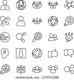 Thin Line Icon Set - female vector, team, brainstorm, network, share, group, finger up, down, user, company, client search, consumer, social media
