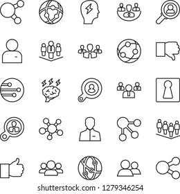 Thin Line Icon Set - female vector, team, brainstorm, network, share, group, finger up, down, user, company, client search, consumer, social media
