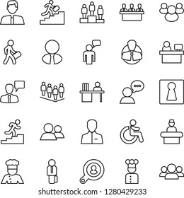 Thin Line Icon Set - female vector, disabled, reception, speaking man, pedestal, team, manager place, client, speaker, group, user, desk, meeting, career ladder, search, estate agent, cook