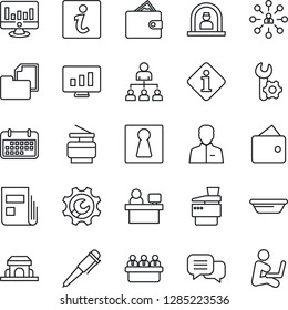 Thin Line Icon Set - female vector, reception, hierarchy, pen, meeting, manager place, statistic monitor, term, folder document, dialog, user, root setup, news, copier, cafe building, bowl, wallet