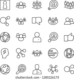 Thin Line Icon Set - female vector, team, brainstorm, network, share, group, finger up, down, user, company, client search, consumer, social media