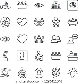 Thin Line Icon Set - female vector, baby, pedestal, brainstorm, meeting, disabled, heart hand, eye, hospital, client, speaker, group, fingerprint id, company, manager desk, palm sproute