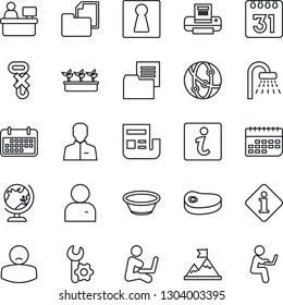 Thin Line Icon Set - female vector, globe, shower, manager place, seedling, patient, term, folder document, no hook, network, user, calendar, root setup, news, printer, steak, bowl, information