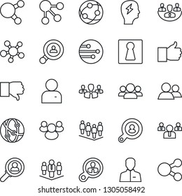 Thin Line Icon Set - female vector, team, brainstorm, network, share, group, finger up, down, user, company, client search, consumer, social media
