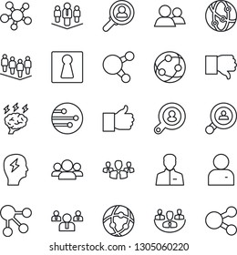 Thin Line Icon Set - female vector, team, brainstorm, network, share, group, finger up, down, user, company, client search, consumer, social media