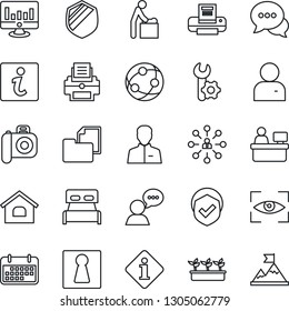 Thin Line Icon Set - female vector, baby room, hierarchy, manager place, statistic monitor, seedling, term, folder document, shield, camera, network, dialog, speaker, user, root setup, printer