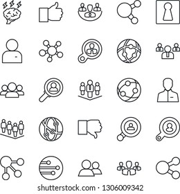 Thin Line Icon Set - female vector, team, brainstorm, network, share, group, finger up, down, user, company, client search, consumer, social media