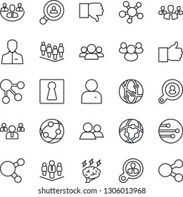 Thin Line Icon Set - female vector, team, brainstorm, network, share, group, finger up, down, user, company, client search, consumer, social media