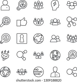 Thin Line Icon Set - female vector, team, brainstorm, network, share, group, finger up, user, company, client search, consumer, social media