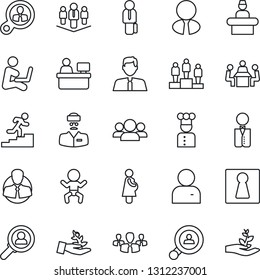Thin Line Icon Set - female vector, baby, reception, pedestal, manager place, doctor, pregnancy, client, user, meeting, career ladder, company, search, estate agent, waiter, cook, consumer, group